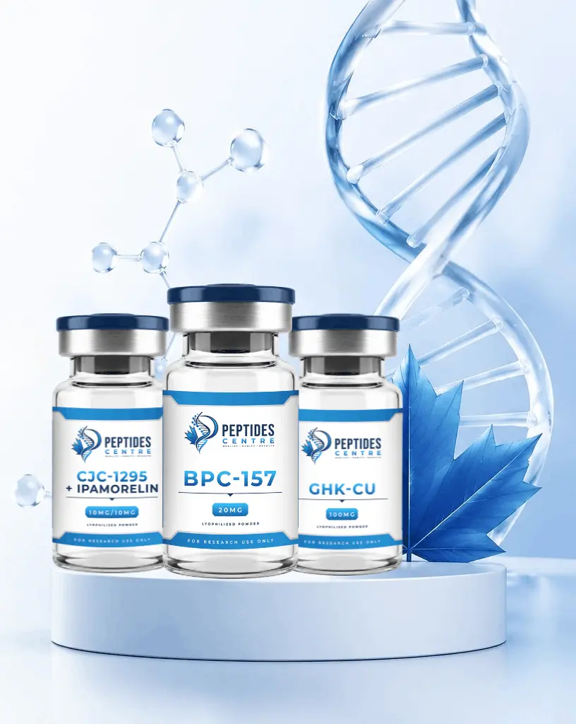 Peptides Centre peptide vials with DNA graphic and Canadian maple leaf for research peptides in Canada.